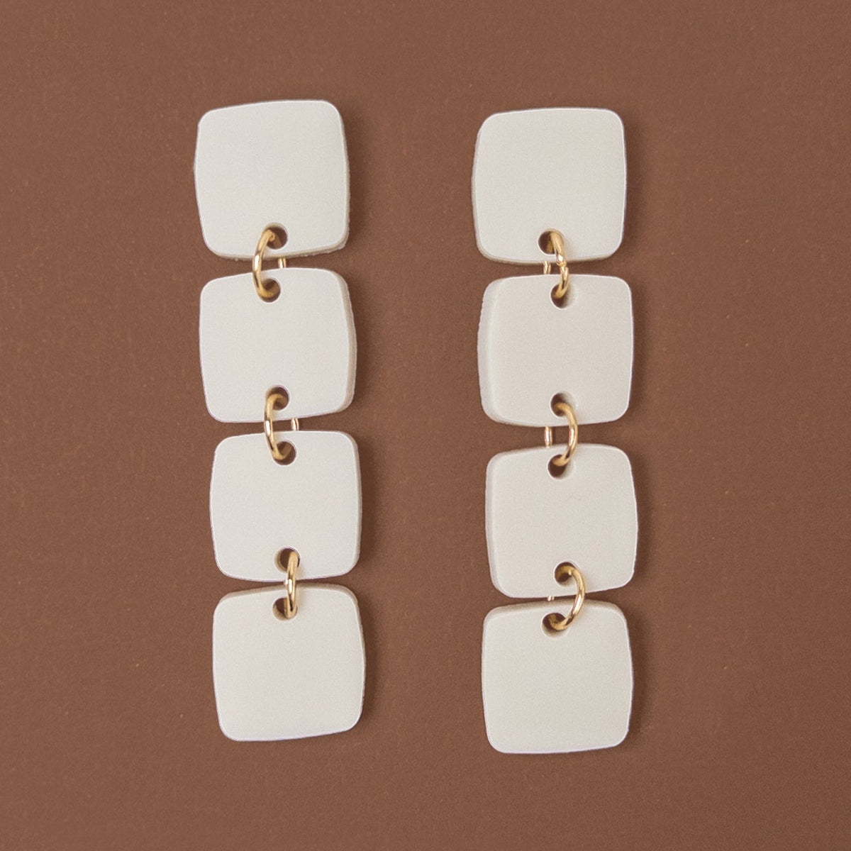 Mingled | Four Squared Long Drop Dangle Earrings | Ivory Beige