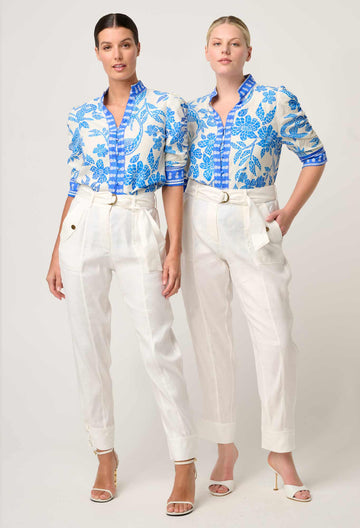 Once Was | Calantha Rouched Sleeve Shirt | Azure Mosaic