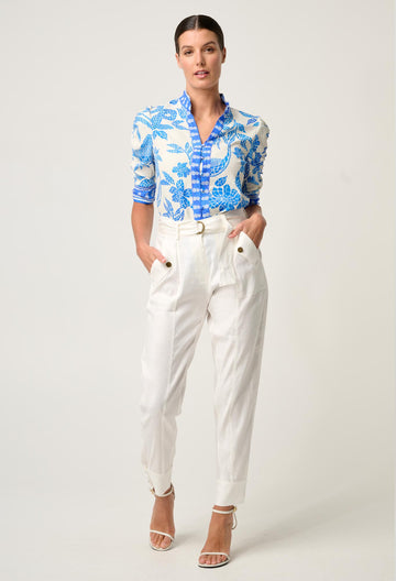 Once Was | Calantha Rouched Sleeve Shirt | Azure Mosaic