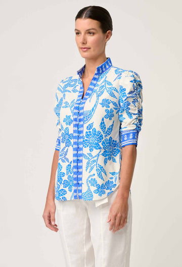 Once Was | Calantha Rouched Sleeve Shirt | Azure Mosaic