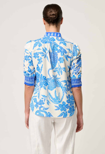 Once Was | Calantha Rouched Sleeve Shirt | Azure Mosaic
