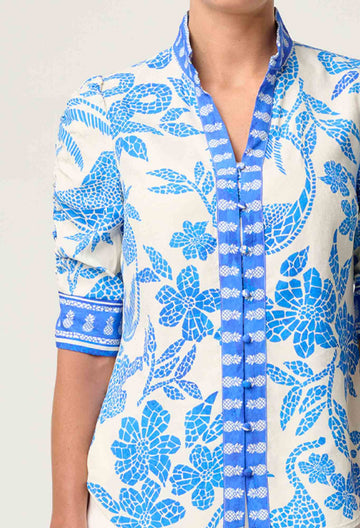 Once Was | Calantha Rouched Sleeve Shirt | Azure Mosaic
