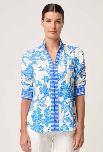Once Was | Calantha Rouched Sleeve Shirt | Azure Mosaic