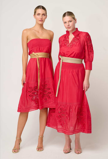 Once Was | Cordelia Shirred Waist Silk Cotton Skirt | Ruby