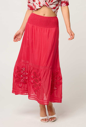 Once Was | Cordelia Shirred Waist Silk Cotton Skirt | Ruby