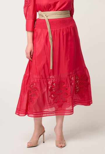 Once Was | Cordelia Shirred Waist Silk Cotton Skirt | Ruby