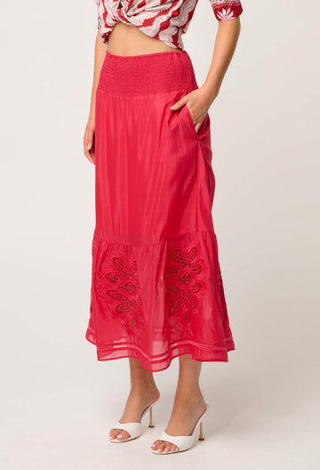 Once Was | Cordelia Shirred Waist Silk Cotton Skirt | Ruby