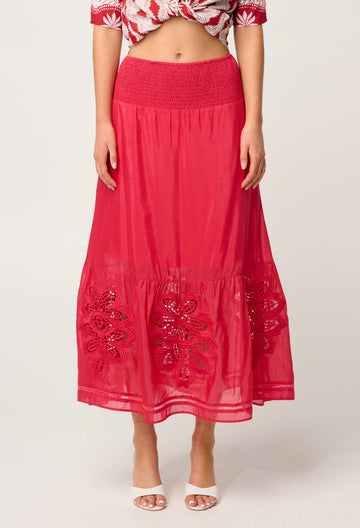 Once Was | Cordelia Shirred Waist Silk Cotton Skirt | Ruby