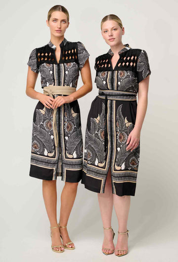 Once Was | Maha Diamond Smock Yoke Viscose Faille Dress | Onyx Casablanca