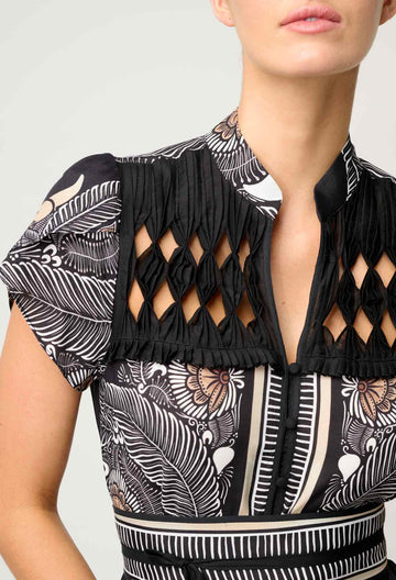 Once Was | Maha Diamond Smock Yoke Viscose Faille Dress | Onyx Casablanca