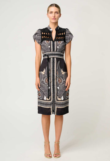 Once Was | Maha Diamond Smock Yoke Viscose Faille Dress | Onyx Casablanca