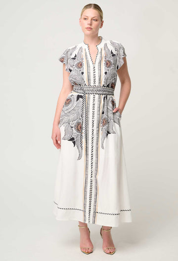 Once Was | Malika Viscose Dobby Contrast Bind Flutter Sleeve Dress | Ivory Casablanca