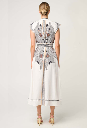 Once Was | Malika Viscose Dobby Contrast Bind Flutter Sleeve Dress | Ivory Casablanca