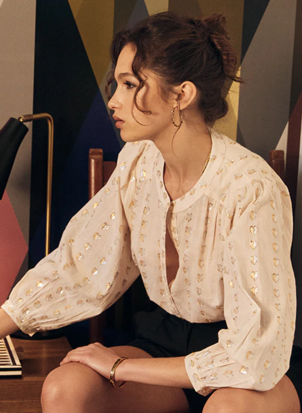 Marie Louise de Monterey | Ines Love Heart Blouse | Ecru With Silver/Gold Hearts