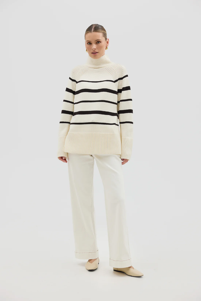 Iris & Wool | High Neck Stripe Sweater | Rye Melange/Chocolate