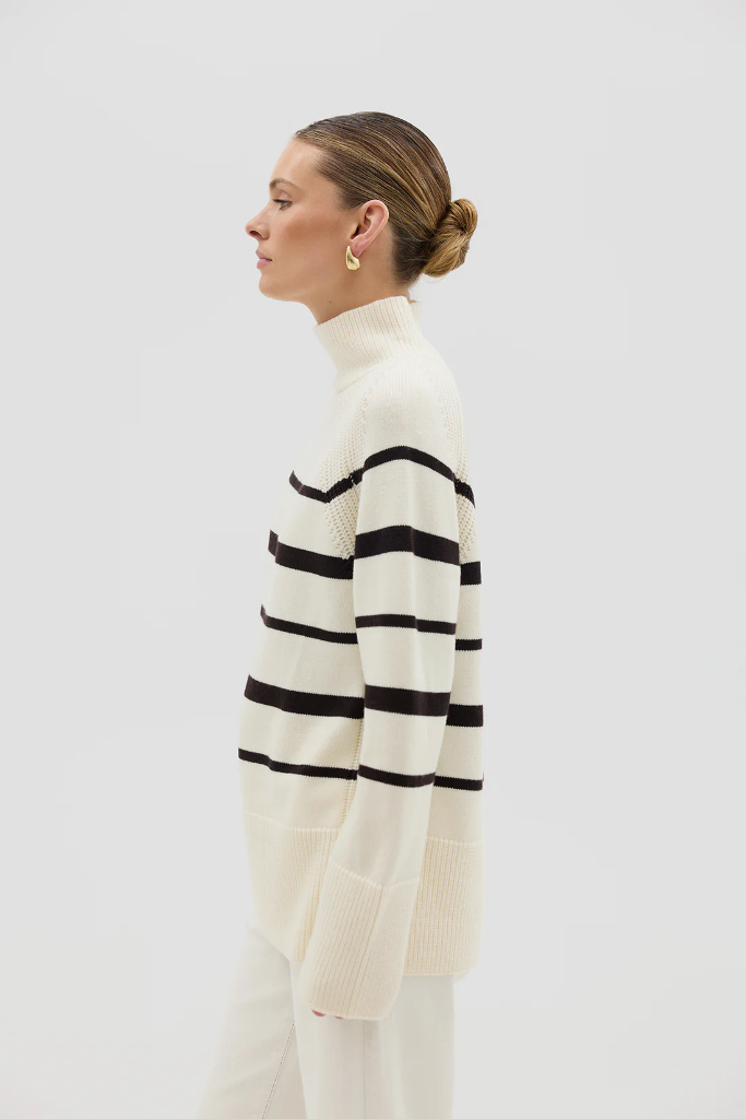 Iris & Wool | High Neck Stripe Sweater | Rye Melange/Chocolate