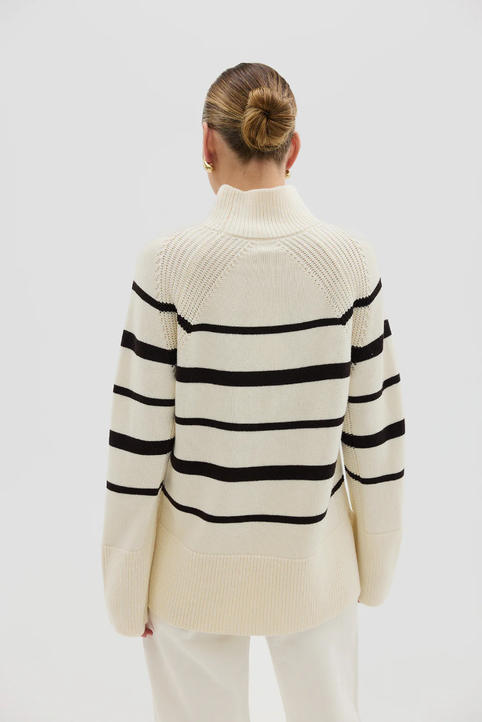 Iris & Wool | High Neck Stripe Sweater | Rye Melange/Chocolate
