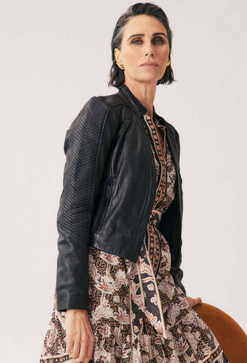 Once Was | Blaire Leather Herringbone Stitch Jacket | Black