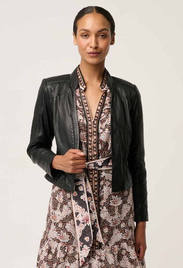 Once Was | Blaire Leather Herringbone Stitch Jacket | Black