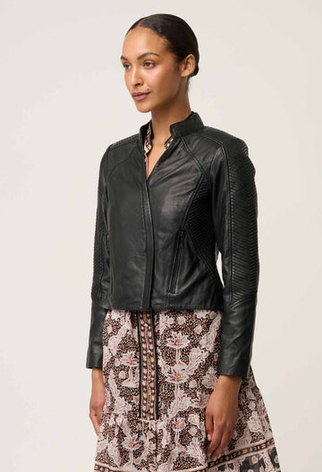 Once Was | Blaire Leather Herringbone Stitch Jacket | Black