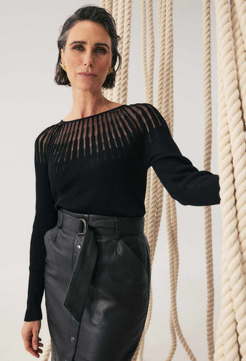 Once Was | Rhiannon Viscose Nylon Sheer Knit Top | Black
