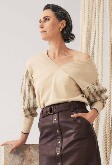 Once Was | Elsie Cotton Cashmere Blend V Neck Jacquard Detail Knit | Cream Braid