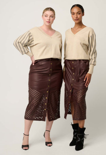 Once Was | Elsie Cotton Cashmere Blend V Neck Jacquard Detail Knit | Cream Braid