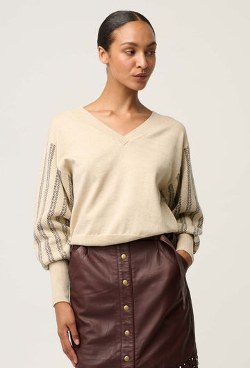 Once Was | Elsie Cotton Cashmere Blend V Neck Jacquard Detail Knit | Cream Braid