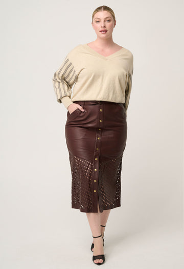 Once Was | Elsie Cotton Cashmere Blend V Neck Jacquard Detail Knit | Cream Braid