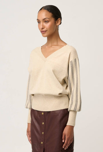 Once Was | Elsie Cotton Cashmere Blend V Neck Jacquard Detail Knit | Cream Braid