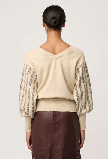 Once Was | Elsie Cotton Cashmere Blend V Neck Jacquard Detail Knit | Cream Braid