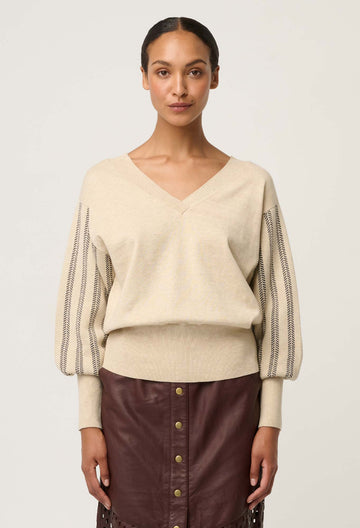Once Was | Elsie Cotton Cashmere Blend V Neck Jacquard Detail Knit | Cream Braid