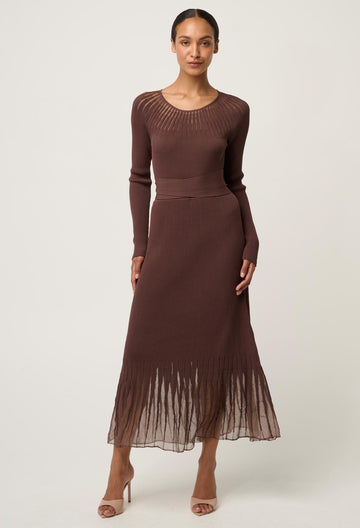 Once Was | Rhiannon Viscose Nylon Sheer Neckline Detail Knit Dress | Mocha