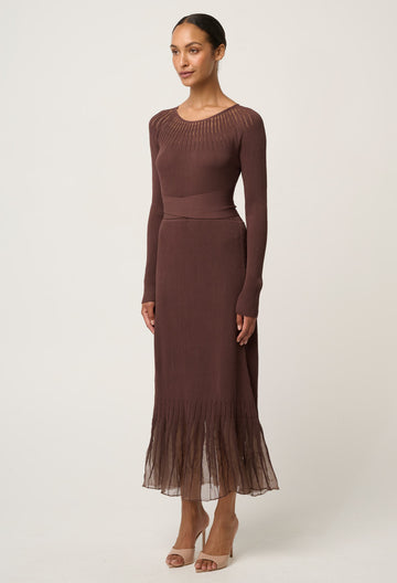Once Was | Rhiannon Viscose Nylon Sheer Neckline Detail Knit Dress | Mocha