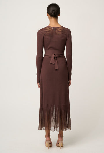 Once Was | Rhiannon Viscose Nylon Sheer Neckline Detail Knit Dress | Mocha