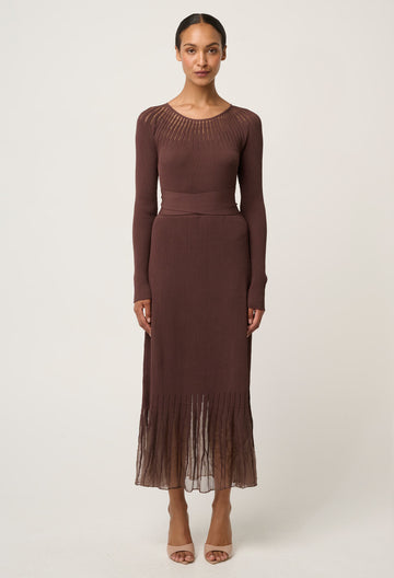 Once Was | Rhiannon Viscose Nylon Sheer Neckline Detail Knit Dress | Mocha