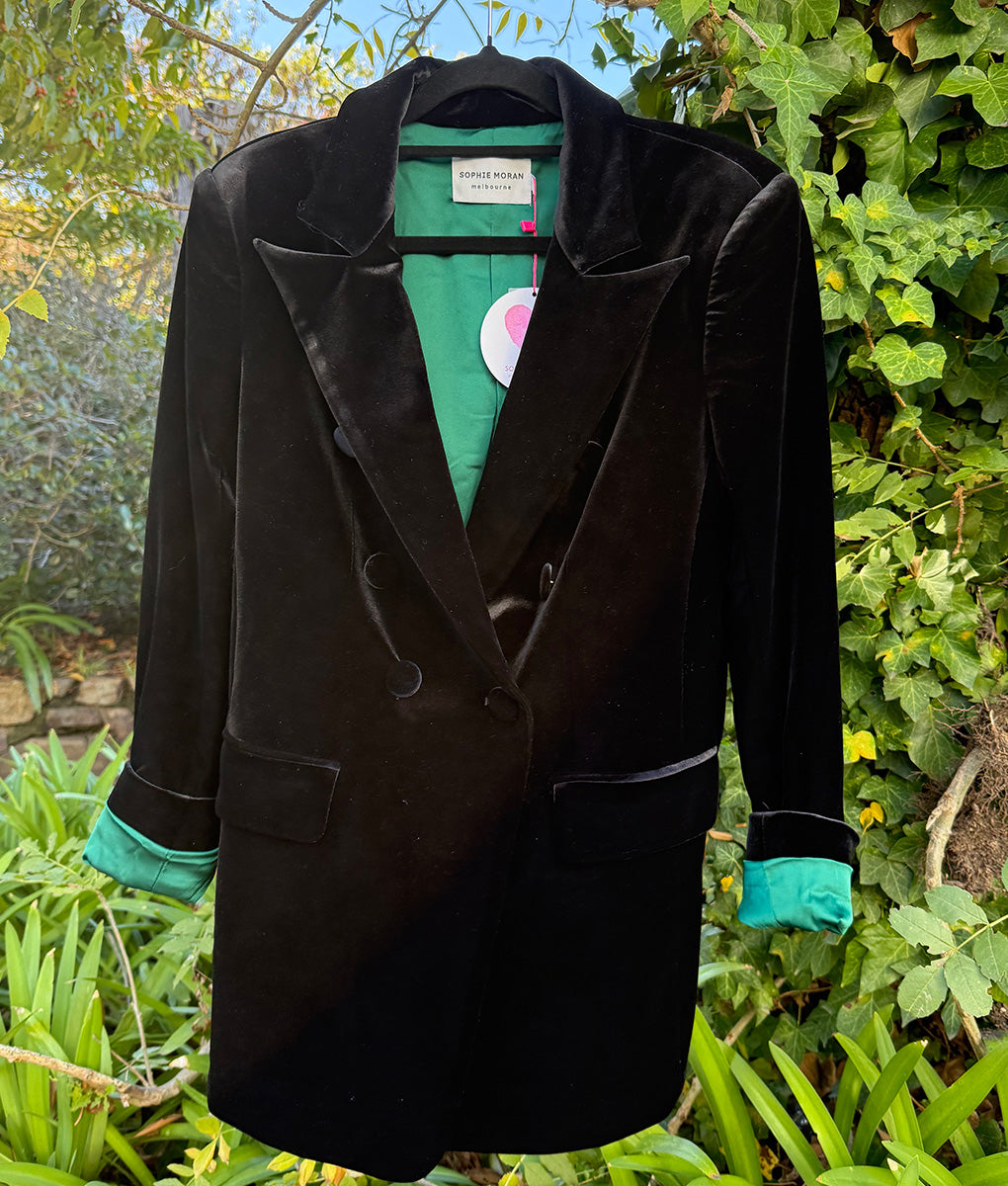 Sophie Moran | Velvet Double Breasted Blazer | Black With Green Lining