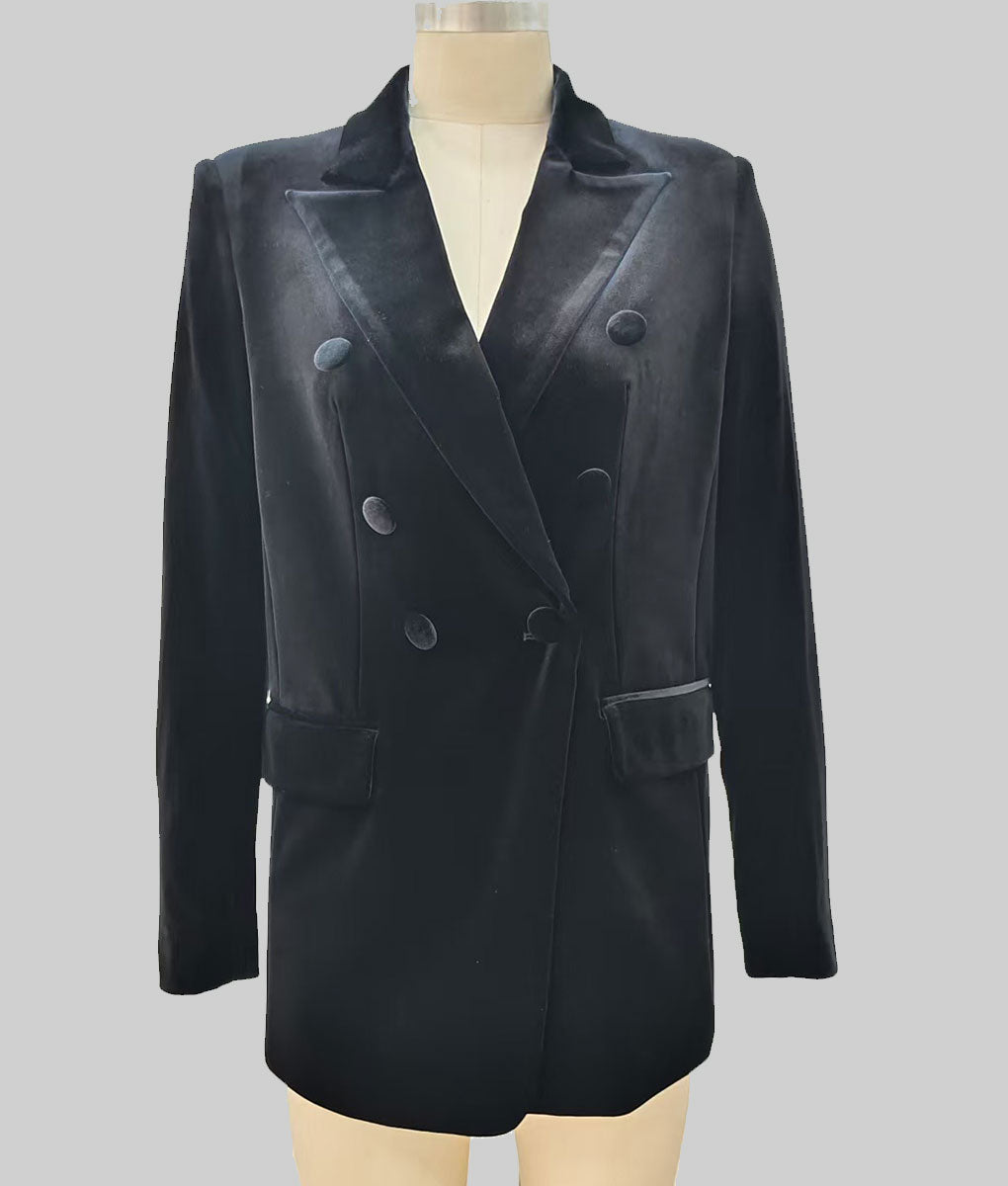 Sophie Moran | Velvet Double Breasted Blazer | Black With Green Lining