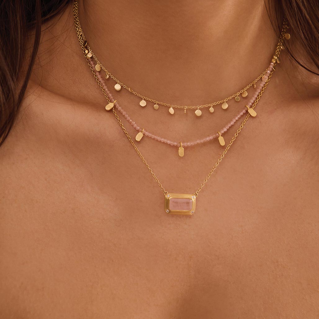 Murkani | Celestial Rose | Rose Quartz Pendant Necklace with White Topaz | Yellow Gold