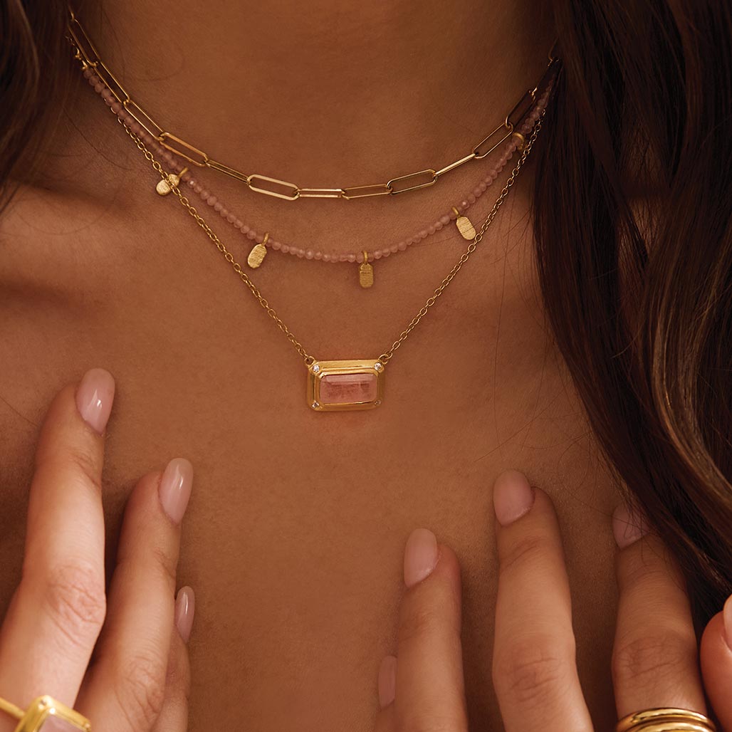 Murkani | Celestial Rose | Rose Quartz Pendant Necklace with White Topaz | Yellow Gold