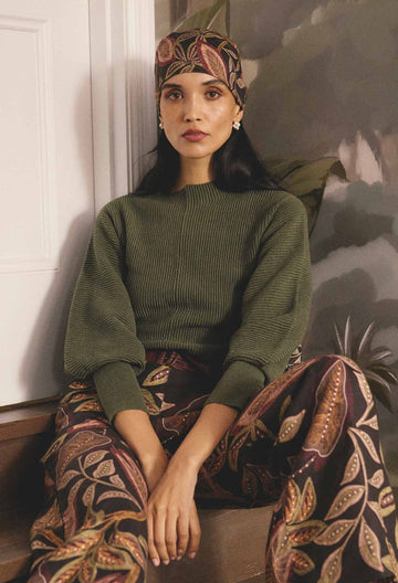 Once Was | Roselle Merino Wool Blend Ribbed Knit Top | Winter Moss