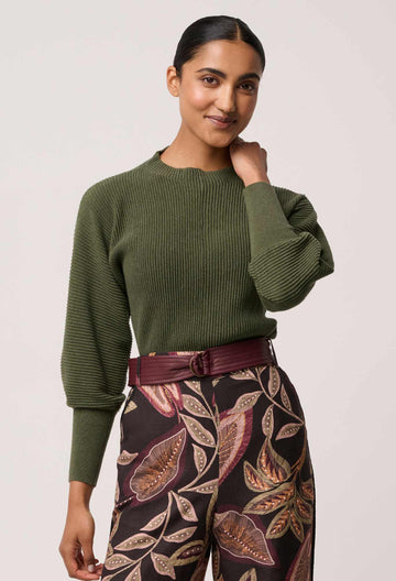 Once Was | Roselle Merino Wool Blend Ribbed Knit Top | Winter Moss