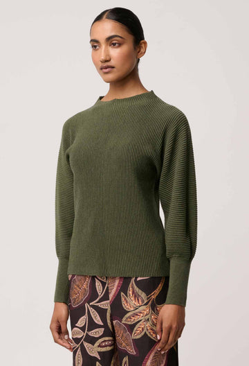 Once Was | Roselle Merino Wool Blend Ribbed Knit Top | Winter Moss