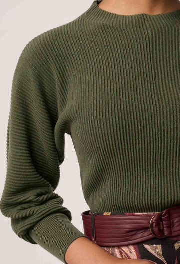 Once Was | Roselle Merino Wool Blend Ribbed Knit Top | Winter Moss