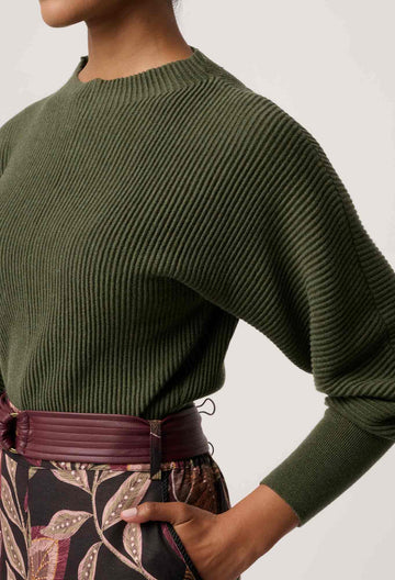 Once Was | Roselle Merino Wool Blend Ribbed Knit Top | Winter Moss