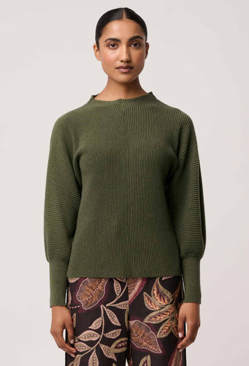 Once Was | Roselle Merino Wool Blend Ribbed Knit Top | Winter Moss