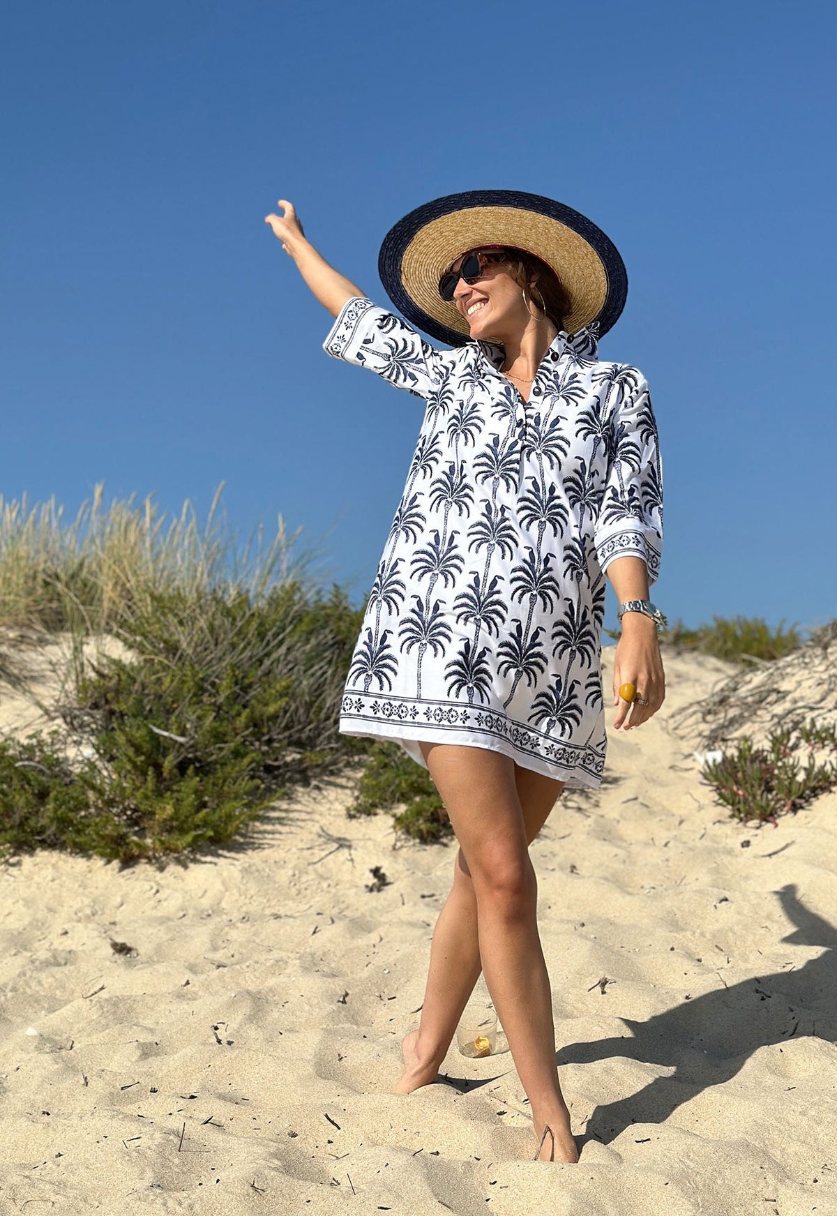 Vilagallo | Miranda Dress | Blue & White Toucan/Palm Tree Print