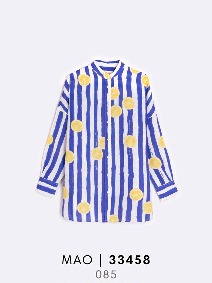 Vilagallo | Mao Shirt | Blue & White Stripe Lemon Print