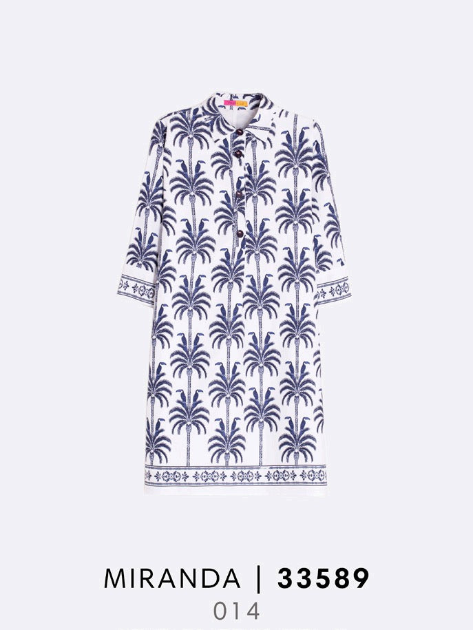 Vilagallo | Miranda Dress | Blue & White Toucan/Palm Tree Print
