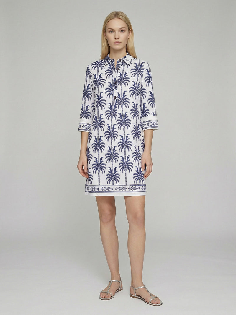 Vilagallo | Miranda Dress | Blue & White Toucan/Palm Tree Print
